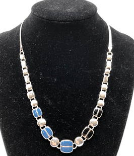 Marvelous Vintage Enamel Necklace: Description: Great vintage find. Simply marvelous vintage choker-style necklace set with blue and black enamel links amid a mixed material chain. Distinctive and perfectly delightful!. With 2"