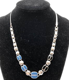 Marvelous Vintage Enamel Necklace: Description: Great vintage find. Simply marvelous vintage choker-style necklace set with blue and black enamel links amid a mixed material chain. Distinctive and perfectly delightful!. With 2" extende