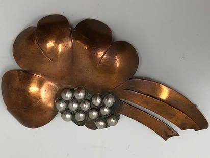 Rare Temming Hand Wrought Copper Pin: Description: Rare Temming floral shaped copper pin, accented with silver tone metal. Signed "HANDWROUGHT BY TEMMING" Made by Martin Koop Temming of Temming Art Studio, Lake Saranac, New York