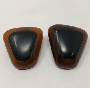 Deco-Style Bakelite Clip Earrings: Description: Outstanding pair of brown and black art deco-style bakelite-style clip on earrings, crafted in chunky triangles with a black center and brown surround. Unmistakable style and vintage eleg