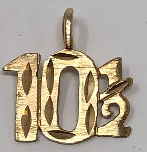 Petite 14 Karat Gold 101/2 Pendant: Description: Perfectly petite 14 karat gold 101/2 pendant, made to commemorate a specific special occasion. Material: 14 karat gold. Measurement: approximate .50" (INCHES). Shipping: $12; different