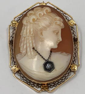Vintage 14 K Cameo w/Diamond: Description: Gorgeous, vintage cameo set with diamond in 14 karat gold setting. Pin and pendant style. Material: gold; diamond; shell; coral. Measurement: approximate 1.50" (INCHES). Shipping: $12;
