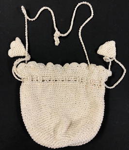 Crocheted Drawstring White Bag: Description: Pretty, vanilla colored crocheted drawstring bag with long crocheted strap. Vanilla colored lining. Measurement: approximate 9" x 9" (INCHES). Shipping: $15; different rate to Alaska,
