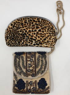 Travel Bag and Beaded Purse: Description: Pairing of an travel bag in leopard pattern cloth, with zippered closure and small change purse and a beaded special occasion purse with blue, purple, gray and bronze beaded against a