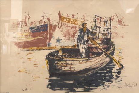 Moshe Gat Signed Fisherman Lithograph: Description: Internationally exhibited Israeli artists Moshe Gat signed Fisherman lithograph, professionally framed and matted, set under glass. Material: glass; paper; wood. Measurement: