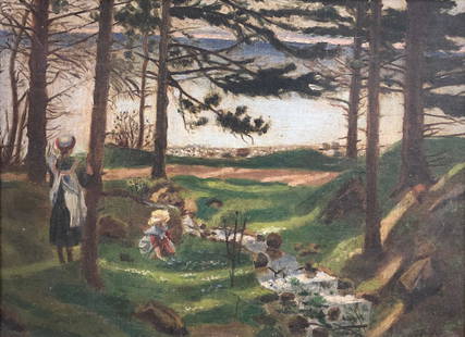 Late 19th-C. Hudson River School-Style: Description: Beautiful late 19th-century Hudson River School-style landscape depicting an idyllic forest and stream setting with two small girls in period attire. Framed in elaborate, scrolled wood.