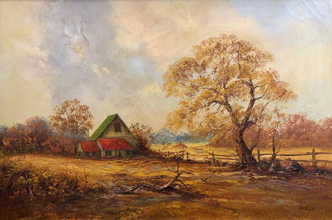 Signed Earl Collins Landscape: Description: Glorious signed Earl Collins landscape oil on canvas. Larger size depiction of a rural setting in autumn, bathed in golden light. Signed on lower right corner; framed in gilded wood.