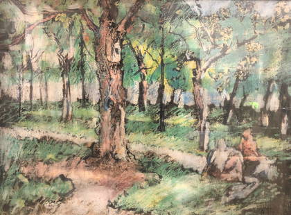Vintage H. Garfink Watercolor Oil: Description: Vintage H. Garfink original watercolor; signed and dated by artist. This painting depicts a beautiful, dreamy park scene in a eye catching impressionist style. Framed in gilded, carved