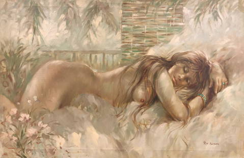 Roy Allison Nude Oil Painting: Signed Roy Allison Nude Oil Painting. Medium: Oil on canvas. Measurement approximate: 34 x 25 Inches. Shipping: $95 excludes California, Hawaii & Alaska.