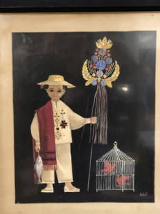 Unique Signed Asian Man Watercolor Painting: Unique signed Watercolor Painting depicting Asian man with a bird cage. Medium: Watercolor on paper. Measurement approximate 30 x 25 (Framed in glass)/ 27 x 22 (Image) Inches. Shipping: $95 excludes