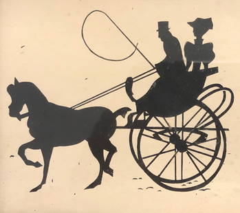 Antique Silhouette Carriage Scene: Description: Antique silhouette of a horse and carriage, driven by a coachman with an elaborately dressed female passenger. From the 19th century; silhouettes are an interesting example of an art
