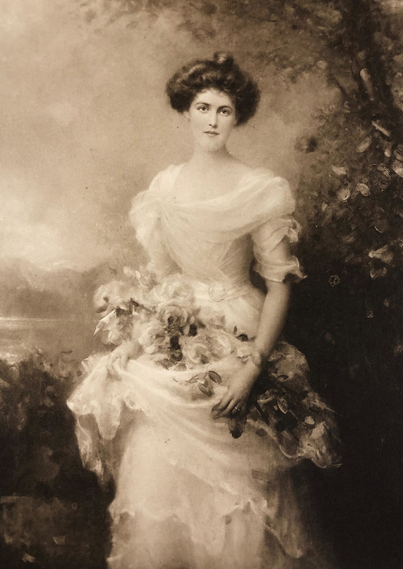 Autographed F. Jenkins Lithograph: Description: From F. Jenkins Heliog, Paris, lovely, sepia toned antique lithograph of Lady Marjorie Wilson, from 1902, signed by subject. Froma painting by Edward Hughes. Printed on heavy stock paper.