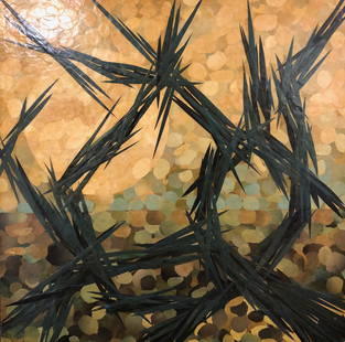 Intriguing Yucca Flats Mid-Century Oil on Board: Description: Intriguing mid-century original oil on board entitled "Yucca Flats," dated March 23, 1969. This striking work depicts spiky yucca plants against a complementary background. The painting