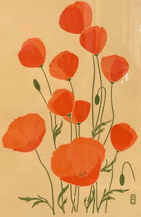 Signed, Limited Edition CHU Lithograph: Description: Beautiful signed, numbered limited edition floral lithograph by CHU. This lovely piece depicts a lone floral arrangement of orange flowers with green stems and leaves. Simple in nature