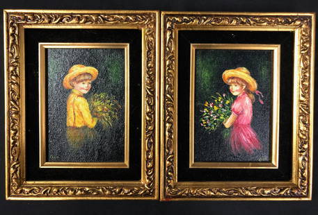 Pair of Karina Children Portraits on Oil: Description: Pair of framed, original oil on canvas portraits, one depicting a young winsome girl and one a winsome young boy, holding bouquets and wearing straw hats. Matted in black velvet, framed i