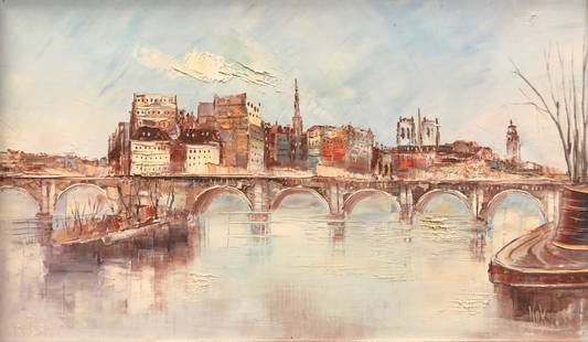 Original Water Scene Signed Oil Painting: Description: Original water scene oil painted with a cool palette of colors, depicting a boat approaching a low stone bridge with a city skyline in the background. Signed in lower right corner.