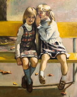 Sandra Kuck Original Oil: Description: Sandra Kuck original oil, depicting 2 small girls sitting on a bench exchanging whispered confidences. Oval-shaped canvas, framed in carved gilded wood. Her oil paintings have been