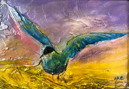 Impasto-Style Original Oil: Description: Impasto-style original oil, signed by artist depicting a bird in flight against a purple and orange sky. Signed JAC in lower right corner; framed in carved wood. Material: canvas; wood.