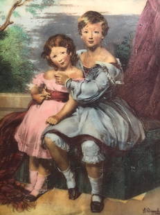Vintage Artini Engraving: Description: Unique vintage Artini Engraving of an antique G. Richmond portrait of 2 children, signed and numbered 2686 in the lower right corner. Plaque is mounted on top of fabric and framed in