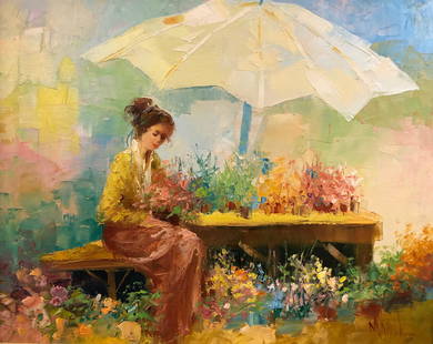 J.A. Manol Oil Painting: Description: Mesmerizing original oil painting by Greek artist J. A. Manol, depicting a woman seated under an umbrella amid a wondrous profusion of flowers. Born in Greece, John Adamos Manol