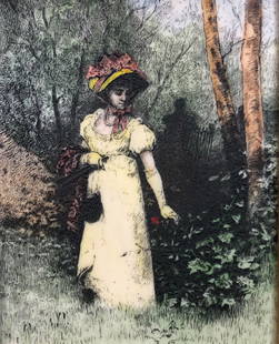 Vintage Artini Engraving: Description: Unique vintage Artini Engraving depicting a Victorian miss strolling in the woods. Marvelously atmospheric and moody. Plaque is professionally matted and framed in carved wood. Artini is