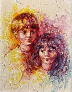 Karina Child: Description: Signed, original oil by Karina depicting a pair of young children posed together. Lovely portrait with thick stokes and interesting color palette. Framed in elaborately carved wood.