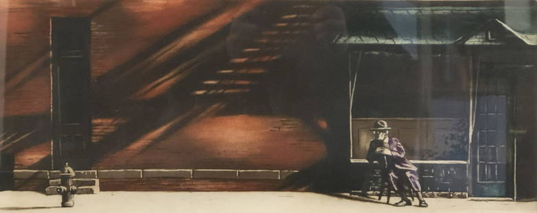 Limited Edition, Signed "Shadows" Lithograph: Description: Limited edition signed lithograph entitled "Shadows." Numbered, titled and signed by artist, professionally matted, framed and mounted under glass atmospheric, noir-like study of a man