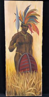 Original Paul Kelly Oil: Description: Striking original Paul Kelly oil on canvas depicting a majestic warrior with an elaborate headress, holding shield and spear amid tall grass. Signed on lower right corner. Unframed.