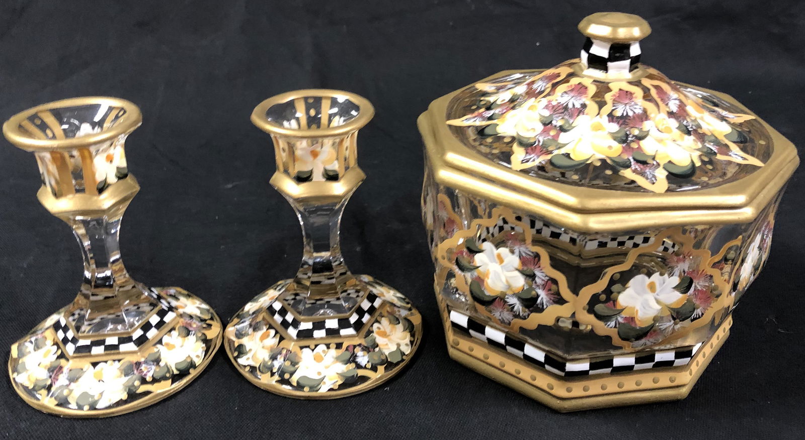 Signed, Hand Painted Covered Glass Dish w/Candlesticks (1 of 9)