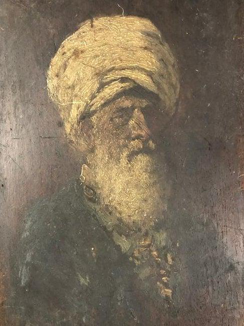 19th Century Arabian Oil on Wood: Description: Splendid antique oil on wood portrait from the Middel East depicting an older gentleman with a turban and full, snowy white beard. Material: wood. Measurement: approximate 5.75" x 8" (INC