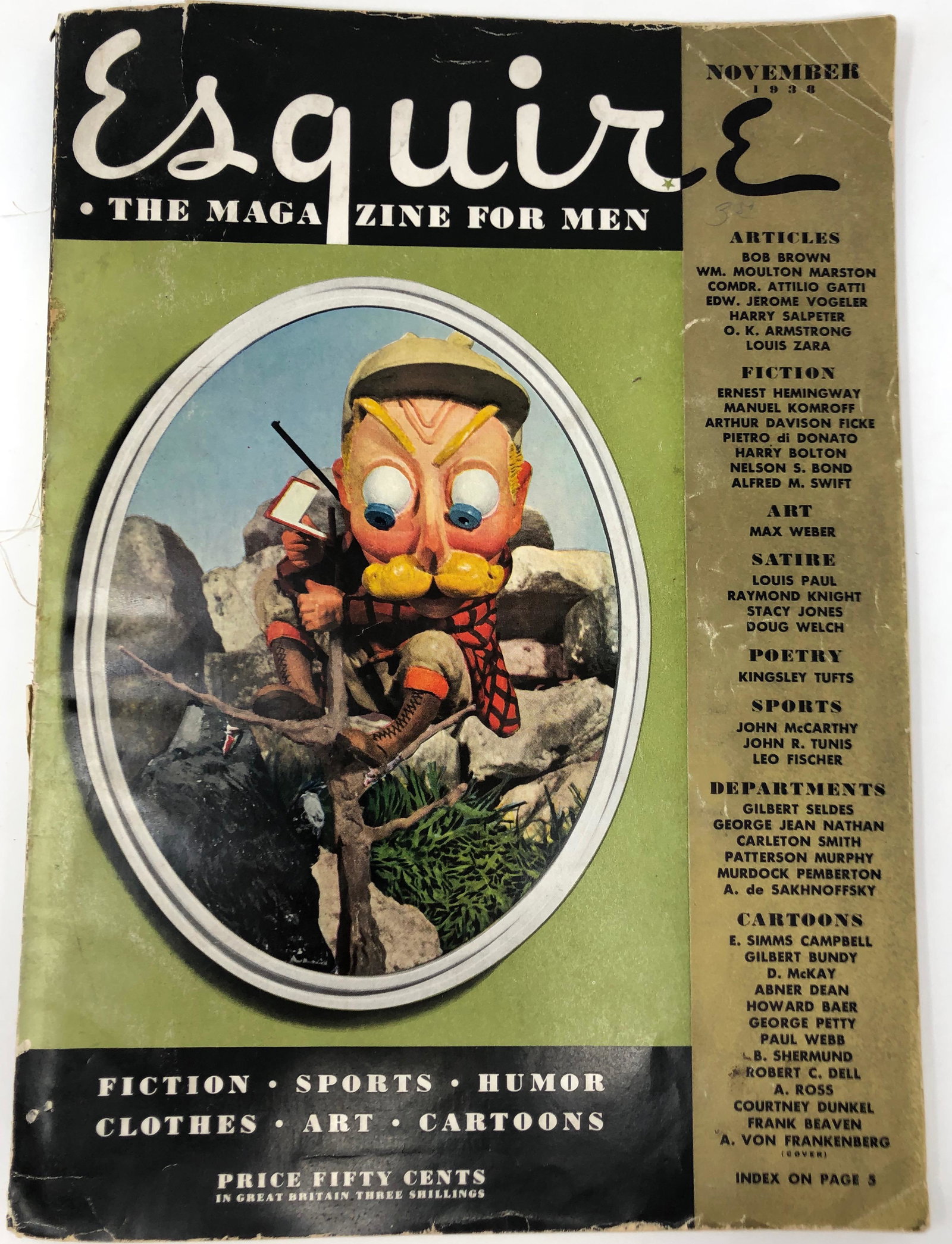 Vintage ESQUIRE Magazine, November 1938: Description: RARE ESQUIRE (The magazine for men), November 1938 issue with fiction by Ernest Hemingway, art by Max Weber and cartoons by George Petty. Minor corner wear, small split on spine. All page