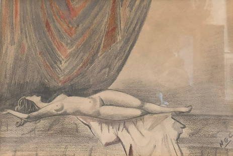 Reclining Nude Pencil Sketch: Description: Signed colored pencil sketch of a reclining nude with her head coyly turned away from artist. Framed in decorated wood, matted and mounted under glass. Signed with initials NGC in lower