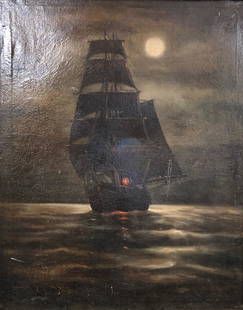 19th Century Antique Nautical Scene Oil: Description: 19th century antique oil on canvas; nautical scene. Beautiful depiction of a solitary sailboat on the open sea with only a full moon for company. Dark with small focal areas illuminated