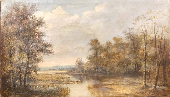 Signed, Impressionist-Style Antique Oil on Canvas: Description: Impressionist-style antique oil on canvas portraying an expanse of marshy water ringed by trees. Splendid colors ranging from the palest blue to greens, browns and golds. Set in simple