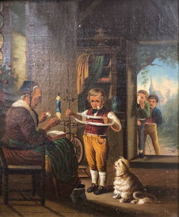 Old Master-Style Oil: Description: Vivid old master-style oil on canvas portraying a charming family. A small boy semi-patiently assists his grandmother with her knitting while his cohorts wait for him outside the door.