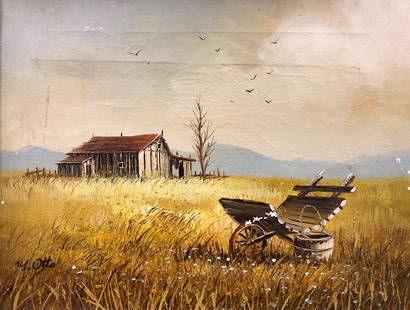 Rural Landscape by Otto: Description: Phenomenal oil on canvas, signed by artist. Beautiful depiction of a rural grass field with populated with an unoccupied outbuilding and wooden cart; birds in the sky above are the only