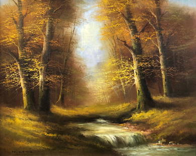 Forest Scene Oil by Otto: Description: Larger oil on canvas, signed by artist depicting a languid forest scene with trees surrounding a running stream. Beautiful colors range from golds to yellows, touched with dark green,