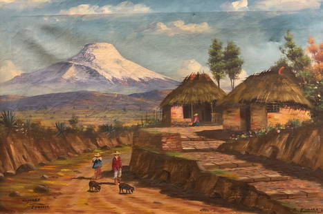 S. Embaka R Oil Painting of Cayambe, Ecuador: Description: S. Embaka R - Splendid oil on canvas, signed by artist depicting Cayambe, Ecuador. The foreground portrays a small village with the magnificent Cayambe in the background. Cayambe is a