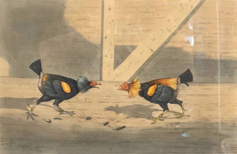 Fine Art Print, The Set To, after E. Cooper: Description: Fine art print entitled, "The Set To," after E. Cooper. Signed and dated from 1816, the print depicts 2 colorful roosters about to engage in an altercation against a gray wood barn or