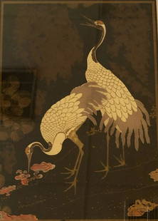 Asian-Style Crane Painting: Description: Resplendent Asian-style artwork. Two cranes are beautifully portrayed, painted on paper and set between 2 pieces of polycast acrylic, then framed. A stunning piece of art. Cranes are a