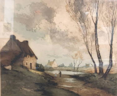 Signed Rural Scene Lithograph/ No front glass: Description: Signed spectacular original lithograph depicting a quiet day in a rural village. This landscape is dominated by tall trees on the right side and features an older gentleman with a young