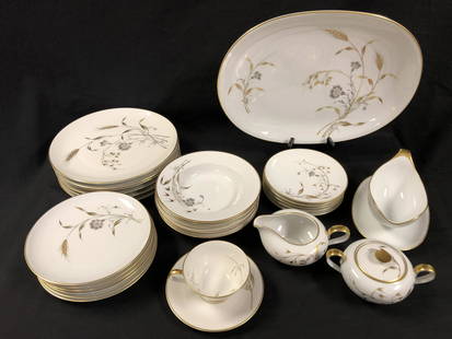 Golden Harvest, H. & C. Selb Fine China: Description: Stunning set of Heinrich & Co. Selb Bavaria hand painted china with 22 karat gold leaf accents. Beautiful Golden Harvest pattern; gray and gold leaf design over white; discontinued.