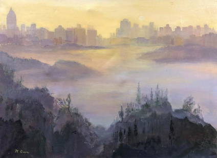 Gorgeous M. Green Manhattan Skyline Landscape: Description: Sublime oil on canvas landscape by M. Greene depicting the incomparable Manhattan skyline, touched by a golden sky. Beautiful, Impressionist-style storytelling. Unframed. Material: