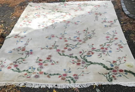 Gorgeous Oriental Chinese Rug With Certification: Description: Gorgeous Oriental Chinese Wool Rug With Certification, Material: 100% Wool. Measurement approximate: 9 ft x 7 Ft. Certification: Yes. Condition: Minor cleaning stain otherwise good.