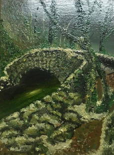 R. Gaines Oil Painting 15 x 13: Description: R. Gaines depicts a stone bridge and water in vivid greens with black in this dynamic oil painting. R. Gaines at the lively age of 87 is gaining recognition as Americas foremost painter