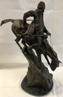 Remington reproduction of Mountain Man: Description: Authorized Remington reproduction of Mountain Man, set on marble base. Signed. Material: bronze/spelter; marble. Measurement: approximate 27"h x 19"w. Shipping cost: $200. Different rate