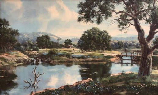 Large N. Mirkovich Giclee on Canvas: Description: Artwork with a presence! Striking, large signed & dated Nenad Mirkovich landscape, depicting a rural mill and river scene in peaceful blue and green shades. Material: canvas; wood.