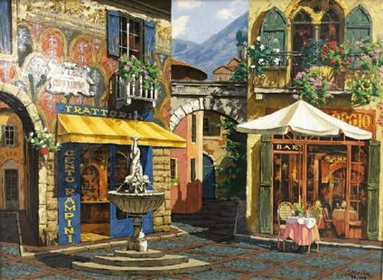 Viktor Shvaiko Fountain in the Square: Description: Limited edition, embellished Viktor Shvaiko Fountain in the Square serigraph, hand signed & numbered, depicting an inviting corner of a European village. With a fountain between them,