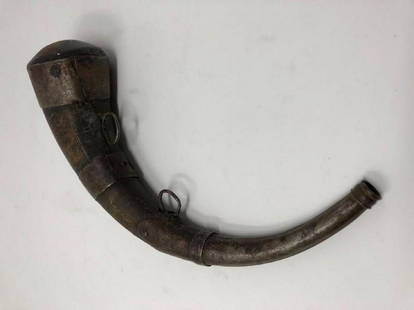 Antique Moroccan Powder Horn: Description: Antique Moroccan wooden powder flask or horn with decorative etched designs in the brass fittings. Has two iron rings for attaching a strap for hanging; the horn has a very nice patina,