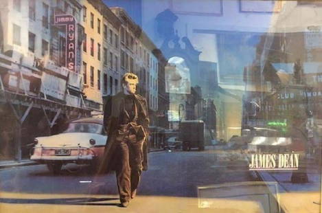 Framed James Dean Poster: Description: Framed James Dean poster depicts the handsome, young Dean wearing an open overcoat, striding down a city street. Image appears to be a colorized b/w image; framed under glass. Glass has